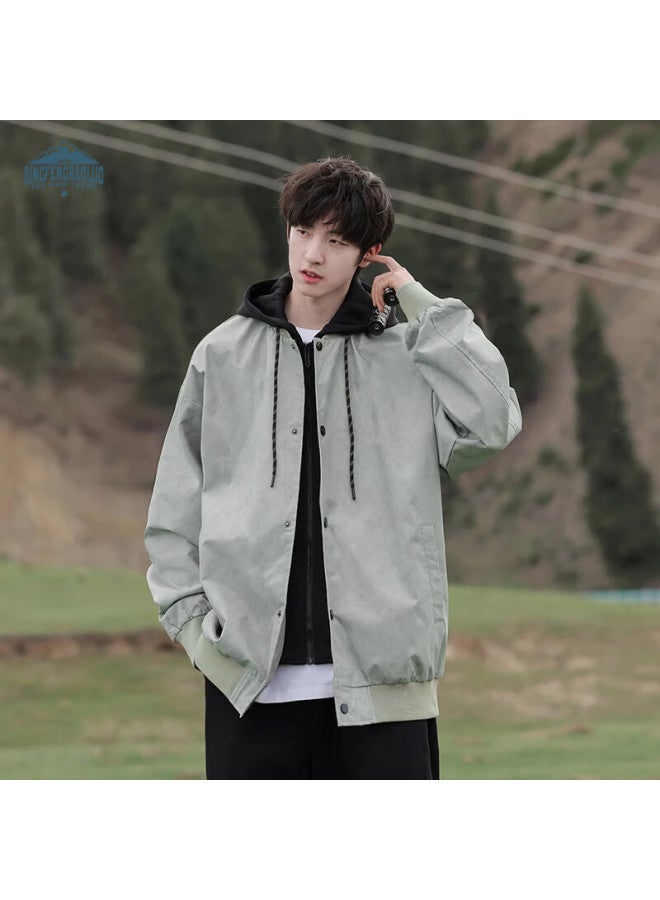 Dingfengbaoluo Vintage Hong Kong Style Men's Spring Loose Hooded Casual Jacket Xsj60 Green 3XL - Image 1