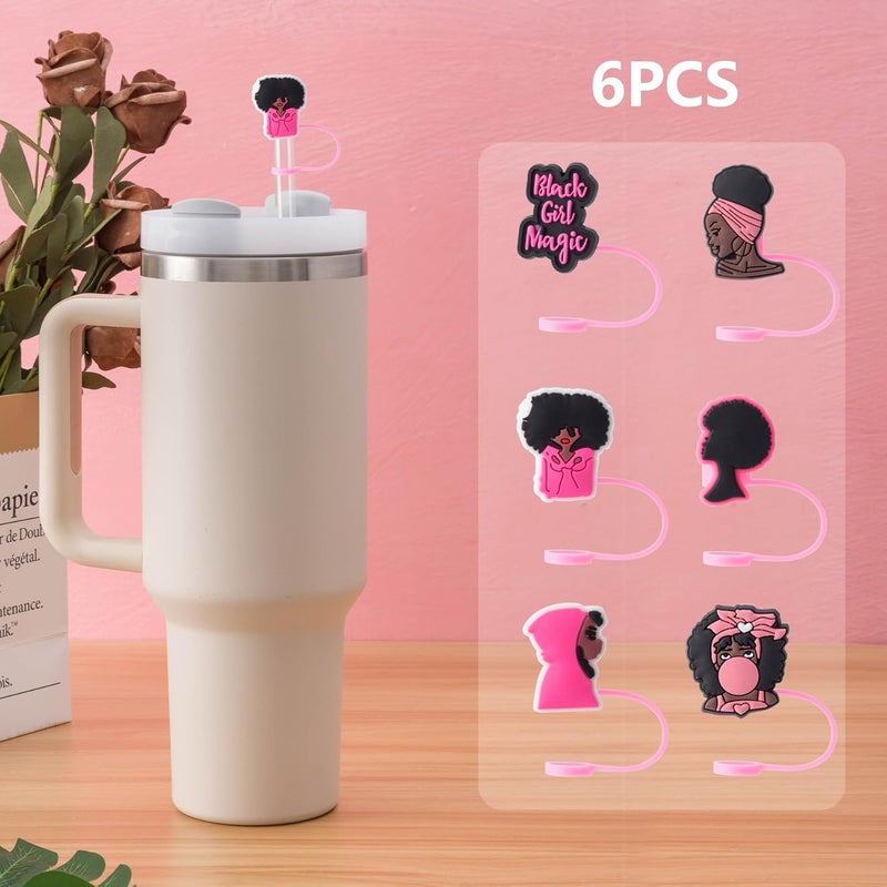 BULKITEM 6Pcs Black Girl Straw Cover Cap for Stanley Cup Accessories, 10mm Cute Pink Drinking Straw Topper for 40oz 30oz Stanley Tumbler, Dust-Proof Reusable Straw Tips Gifts for Women - Image 4