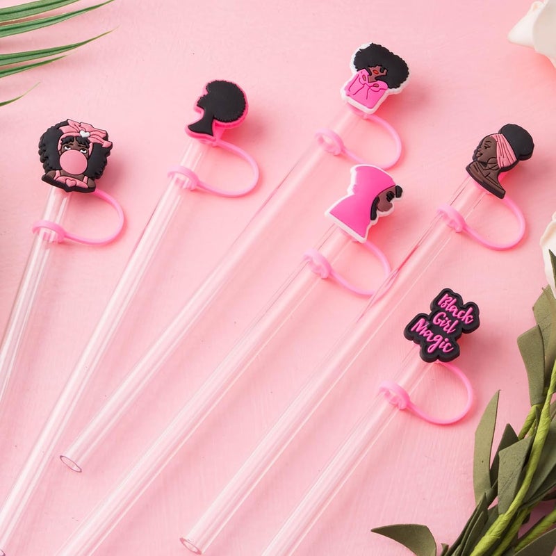 BULKITEM 6Pcs Black Girl Straw Cover Cap for Stanley Cup Accessories, 10mm Cute Pink Drinking Straw Topper for 40oz 30oz Stanley Tumbler, Dust-Proof Reusable Straw Tips Gifts for Women - Image 5