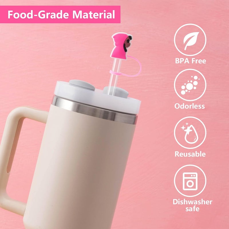 BULKITEM 6Pcs Black Girl Straw Cover Cap for Stanley Cup Accessories, 10mm Cute Pink Drinking Straw Topper for 40oz 30oz Stanley Tumbler, Dust-Proof Reusable Straw Tips Gifts for Women - Image 3