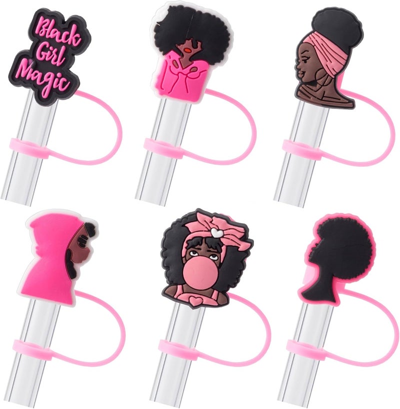 BULKITEM 6Pcs Black Girl Straw Cover Cap for Stanley Cup Accessories, 10mm Cute Pink Drinking Straw Topper for 40oz 30oz Stanley Tumbler, Dust-Proof Reusable Straw Tips Gifts for Women - Image 1