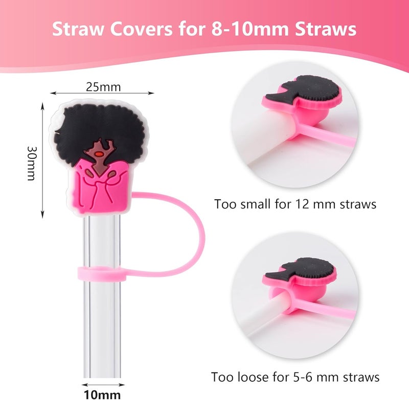 BULKITEM 6Pcs Black Girl Straw Cover Cap for Stanley Cup Accessories, 10mm Cute Pink Drinking Straw Topper for 40oz 30oz Stanley Tumbler, Dust-Proof Reusable Straw Tips Gifts for Women - Image 2