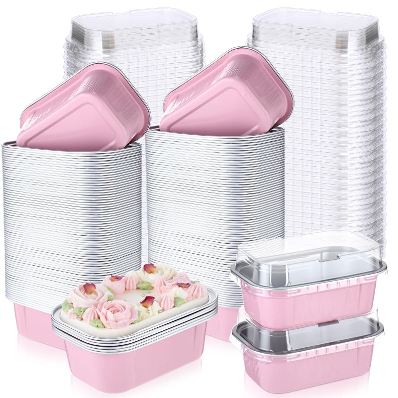 Vesici 100 Sets Valentines Mini Loaf Pans with Lids, 5.7 oz Disposable Aluminum Foil Baking Cups, Rectangle Cake Pans for Pudding Desserts Muffin Baking Storage Valentines Birthday Party(Pink) - Image 1