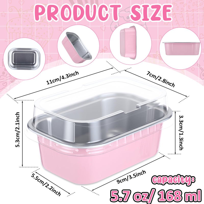 Vesici 100 Sets Valentines Mini Loaf Pans with Lids, 5.7 oz Disposable Aluminum Foil Baking Cups, Rectangle Cake Pans for Pudding Desserts Muffin Baking Storage Valentines Birthday Party(Pink) - Image 2