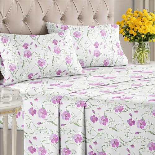CGK Unlimited Floral Sheets Pink Floral Bed Sheet Set 1 Flat 1 Fitted 2 Pillowcases w Deep Pockets Comfy Wrinkle Fade Free Boho Botanical Bedding UltraSoft Breathable Cooling Queen Size Set - Image 3