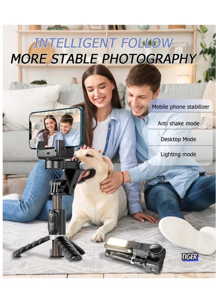 TIGER Stick Gimbal Stabilizer with 360° Rotation Tripod – 2-Axis Auto Face Tracking Selfie Stick with LED Light, Remote Control, Intelligent Stabilizer for Android/iPhone Vlogging, YouTube, TikTok Videos - Image 1