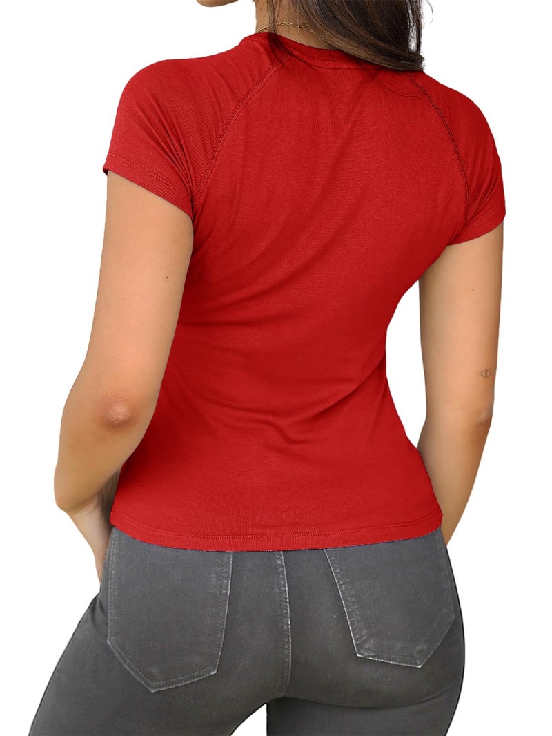 Abardsion Women Casual Raglan Sleeve Crewneck Slim T Shirts - 2026 Spring Summer Basic Activewear Going Out Tops(Big Red, S) - Image 2