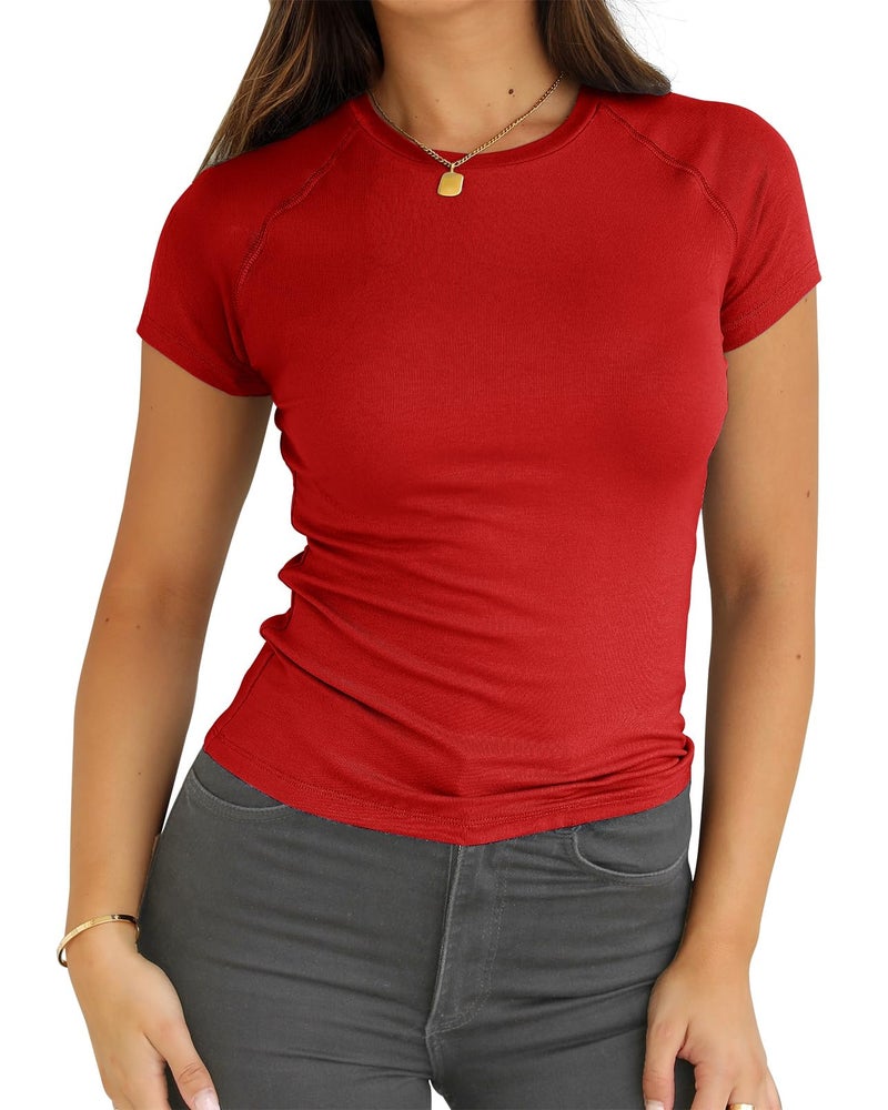 Abardsion Women Casual Raglan Sleeve Crewneck Slim T Shirts - 2026 Spring Summer Basic Activewear Going Out Tops(Big Red, S) - Image 1
