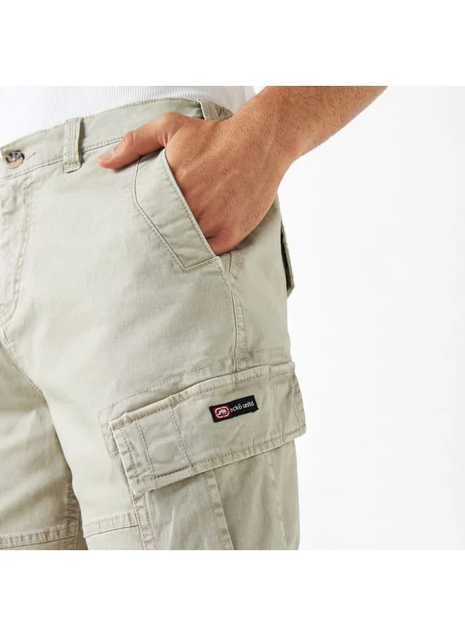 Ecko Unltd. Ecko Unltd Solid Relaxed Fit Cargo Shorts with Button Closure