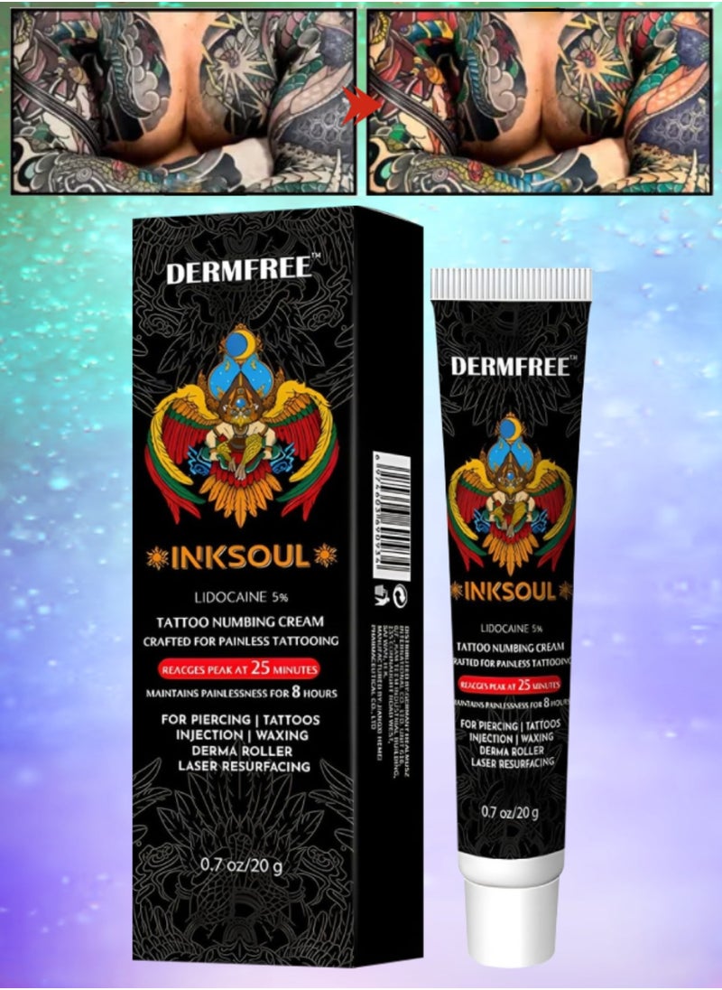DERMFREE - Lidocaine Tattoo Numbing Cream 8 Hours Maximum Strength Painless Tattoo Numbing Cream for Tattooing Piercing Waxing and Injections Fast Acting Tattoo Numb Cream for Deep Pain Relief Tattoo Cream 20g - Image 1