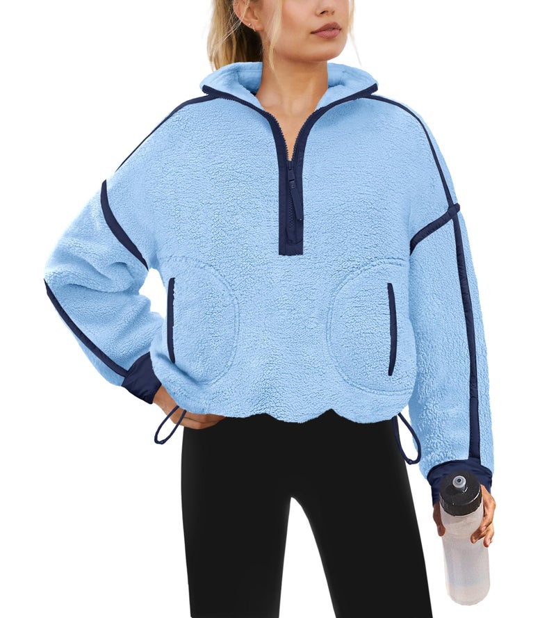 Yanekop 1/4 Zip Pullover Women Zip Up Sweatshirt Fleece Pullover Christmas Sweaters Long Sleeve V Neck Sweaters(Sky Blue Mixed,L) - Image 1