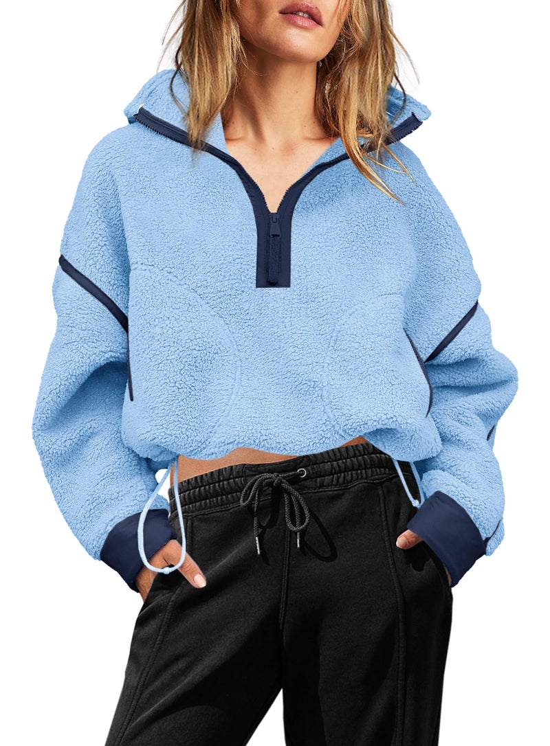 Yanekop 1/4 Zip Pullover Women Zip Up Sweatshirt Fleece Pullover Christmas Sweaters Long Sleeve V Neck Sweaters(Sky Blue Mixed,L) - Image 2
