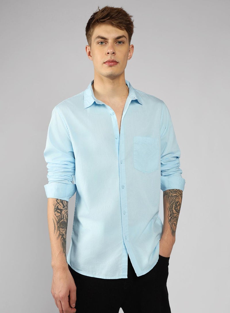 Men's Slim Fit Solid Light Blue Casual Spread Collar Shirt - 100% Cotton
