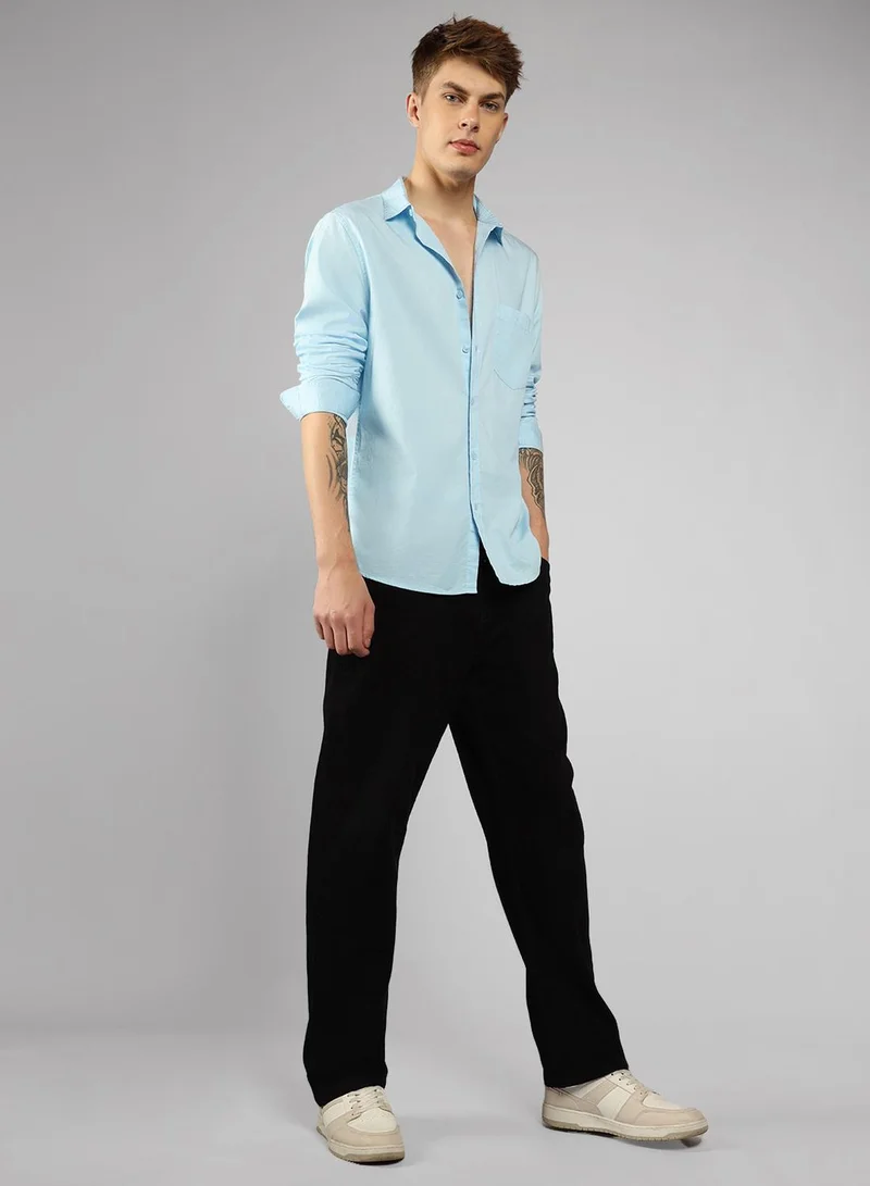 Dennis Lingo Men's Slim Fit Solid Light Blue Casual Spread Collar Shirt - 100% Cotton