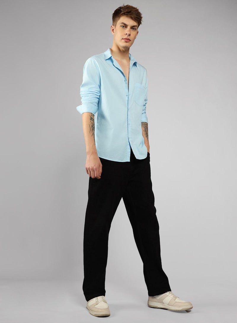 Men's Slim Fit Solid Light Blue Casual Spread Collar Shirt - 100% Cotton