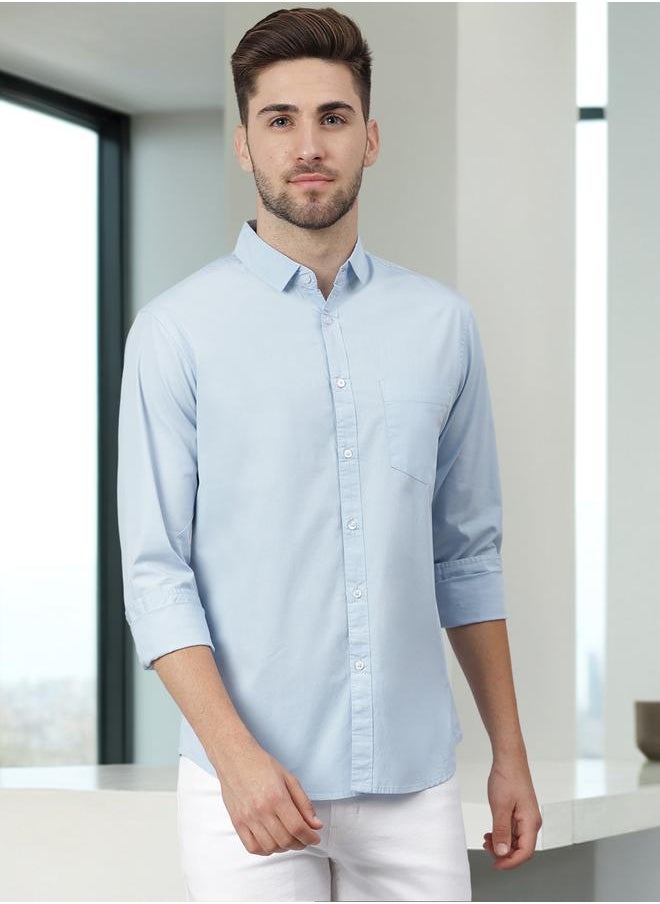 Dennis Lingo Men's Slim Fit Solid Light Blue Casual Spread Collar Shirt - 100% Cotton  - Image 1