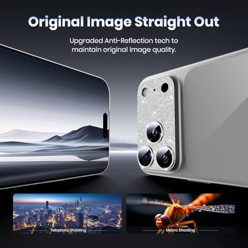 Hoerrye for iPhone 17 Pro Max Camera Lens Protector - [12FT Shatterproof Military Grade] [Strong Adsorption] Metal 9H+ Tempered Glass Camera Screen Full Cover Case Friendly,Glitter Silver - Image 4