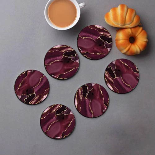 FirseBUY Coaster Set 6 Pcs Maroon Marble Texture Art MDF Wood Material Drink Coasters HeatResistant Round Coaster for Home and Kitchen Office Table Dining Table Home Decor 35 Inches - Image 4