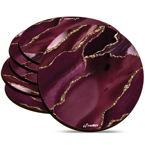 FirseBUY Coaster Set 6 Pcs Maroon Marble Texture Art MDF Wood Material Drink Coasters HeatResistant Round Coaster for Home and Kitchen Office Table Dining Table Home Decor 35 Inches - Image 1