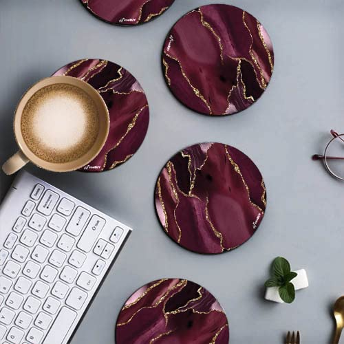 FirseBUY Coaster Set 6 Pcs Maroon Marble Texture Art MDF Wood Material Drink Coasters HeatResistant Round Coaster for Home and Kitchen Office Table Dining Table Home Decor 35 Inches - Image 3