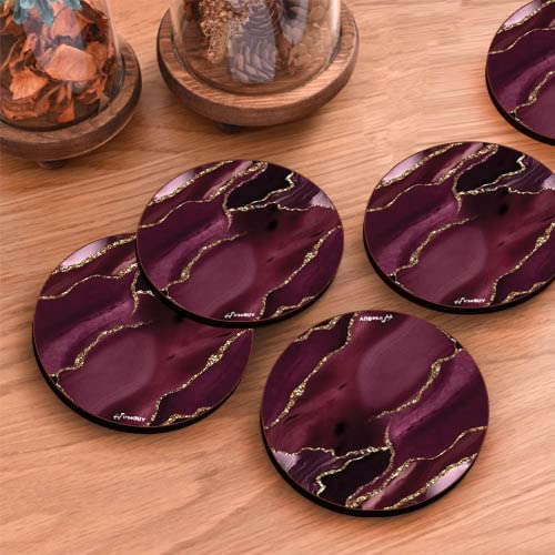 FirseBUY Coaster Set 6 Pcs Maroon Marble Texture Art MDF Wood Material Drink Coasters HeatResistant Round Coaster for Home and Kitchen Office Table Dining Table Home Decor 35 Inches - Image 2