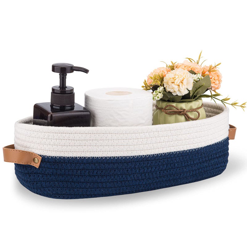 Oradrem Toilet BasketWoven Storage Basket for Toilet Tank Top Farmhouse Home Decor Organizing Baskets 13x59x4 Navy Stitching White