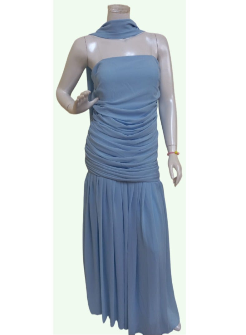 Elegant Light Blue Sleeveless Ruched Dress with Scarf  - Image 1