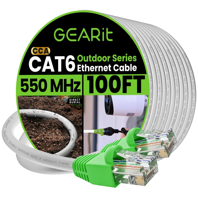 GEARit RJ45 Cat-6 Ethernet Patch Cable, 10Gpbs Transfer Speed, Gold-Plated Connectors, Copper Clad, Outdoor, UV Resistant, Direct Burial, Waterproof, Durable, 100 Foot (30.4 Meters), White - Image 1