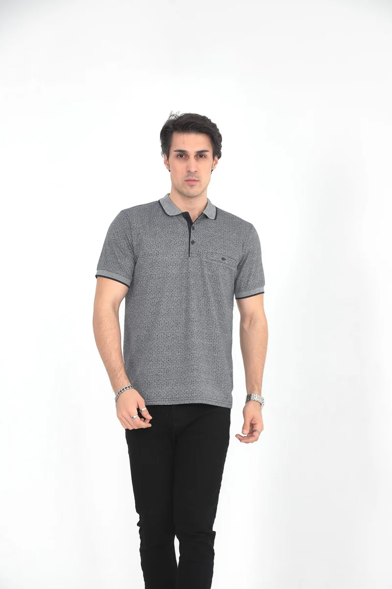 KMK Kombin KMK Combination Dad Collar Pocket Patterned Model Classic Cut T-Shirt