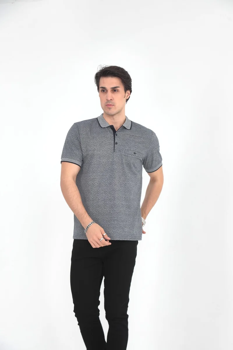 KMK Kombin KMK Combination Dad Collar Pocket Patterned Model Classic Cut T-Shirt