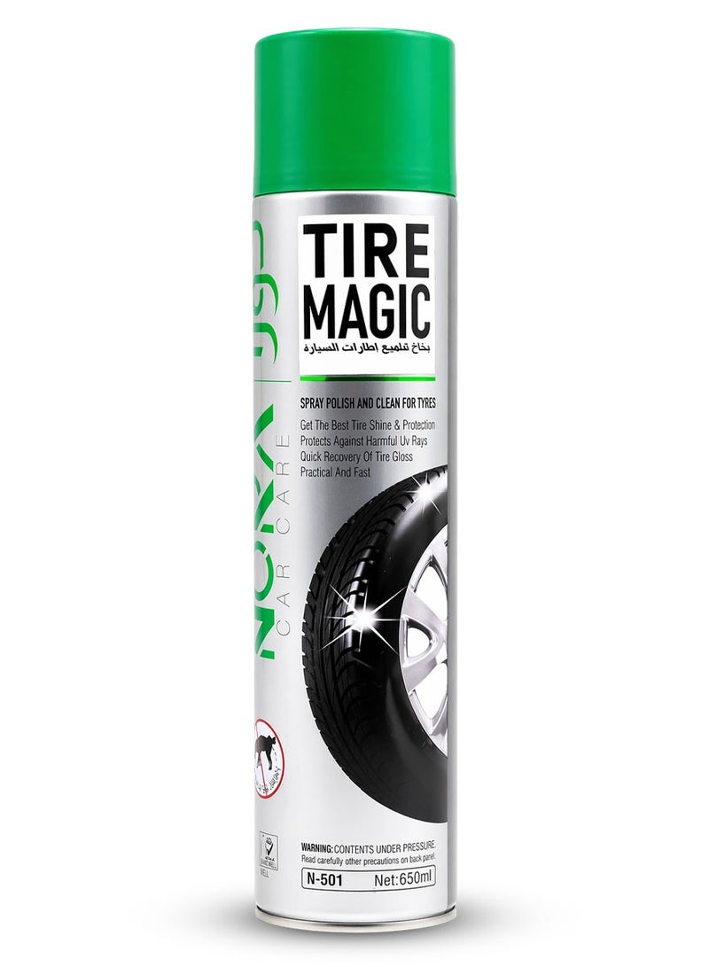Nora Tire Shine Spray 650ml Car Tyre Polish Cleaner Foam UV Protection Long Lasting Wet Black Gloss Tire Dressing Water Resistant Non Greasy Quick Dry Tire Care Spray Restores Shine Protects Rubber Prevents Cracking Easy Application - Image 1