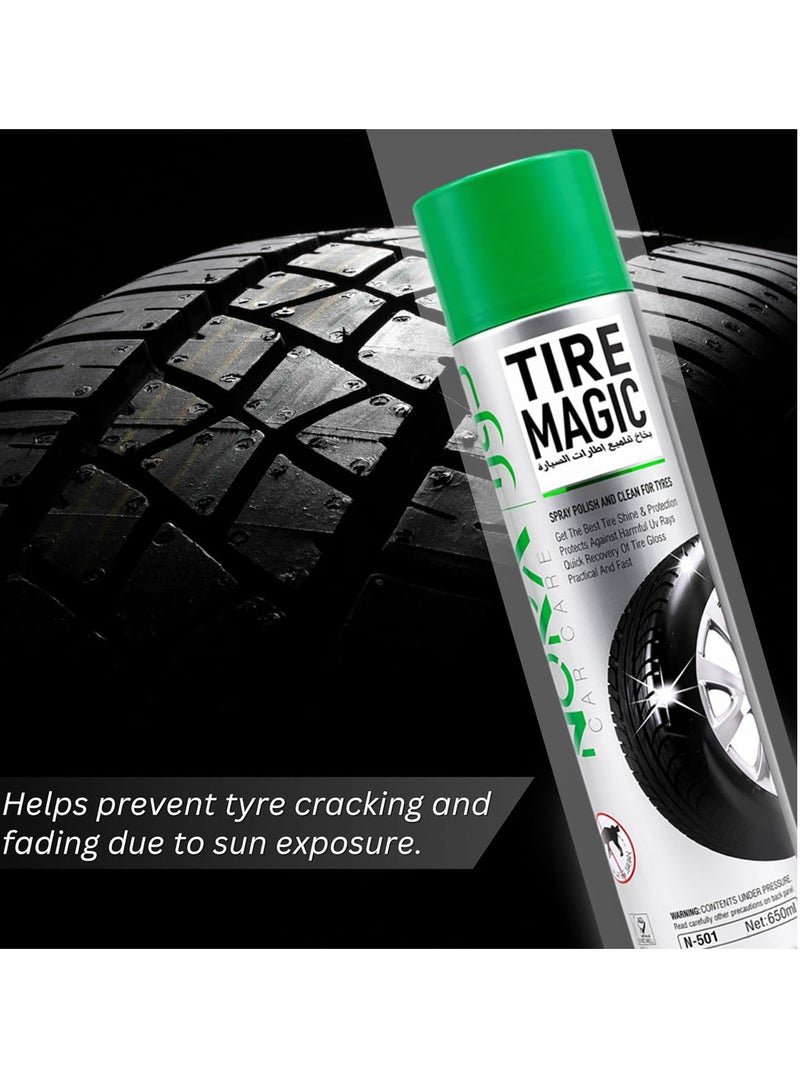 Nora Tire Shine Spray 650ml Car Tyre Polish Cleaner Foam UV Protection Long Lasting Wet Black Gloss Tire Dressing Water Resistant Non Greasy Quick Dry Tire Care Spray Restores Shine Protects Rubber Prevents Cracking Easy Application - Image 2