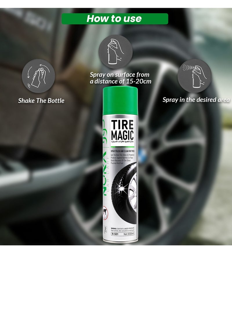 Nora Tire Shine Spray 650ml Car Tyre Polish Cleaner Foam UV Protection Long Lasting Wet Black Gloss Tire Dressing Water Resistant Non Greasy Quick Dry Tire Care Spray Restores Shine Protects Rubber Prevents Cracking Easy Application - Image 3