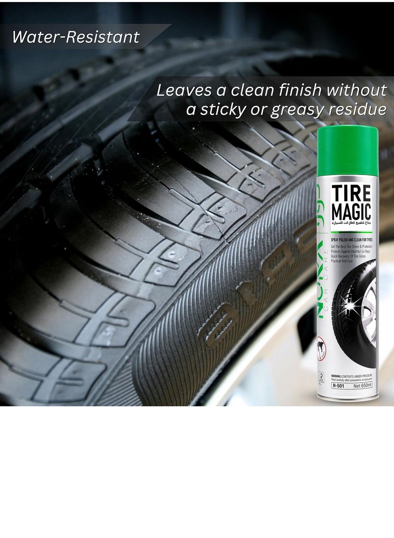 Nora Tire Shine Spray 650ml Car Tyre Polish Cleaner Foam UV Protection Long Lasting Wet Black Gloss Tire Dressing Water Resistant Non Greasy Quick Dry Tire Care Spray Restores Shine Protects Rubber Prevents Cracking Easy Application - Image 5