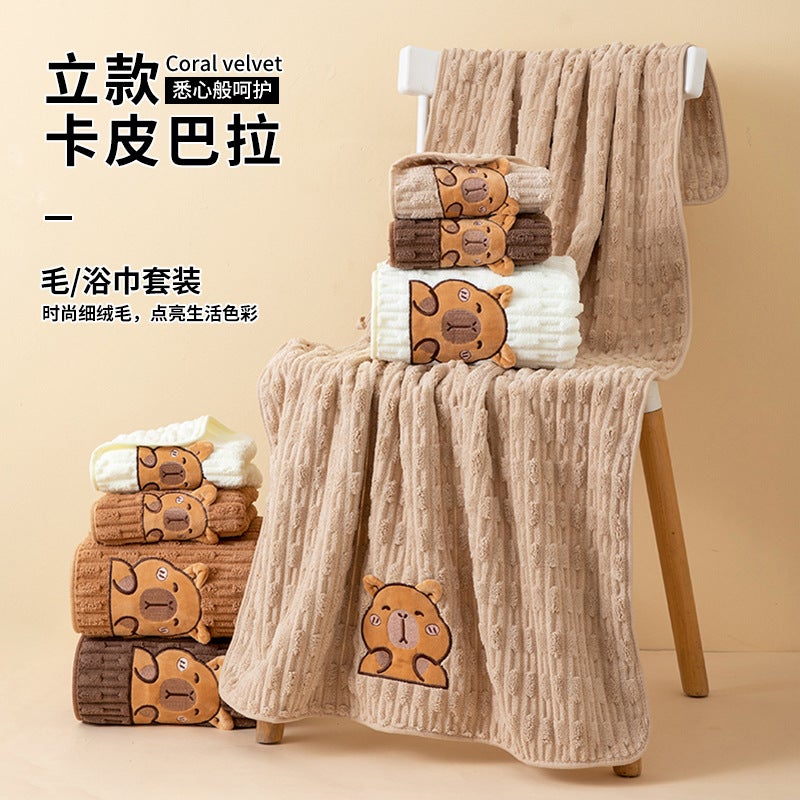 Towel Bath Towel Suit Two-Piece Set Carmi Bala Face Towel Household Cartoon Bath Coral Fleece Bath Towel - Image 2