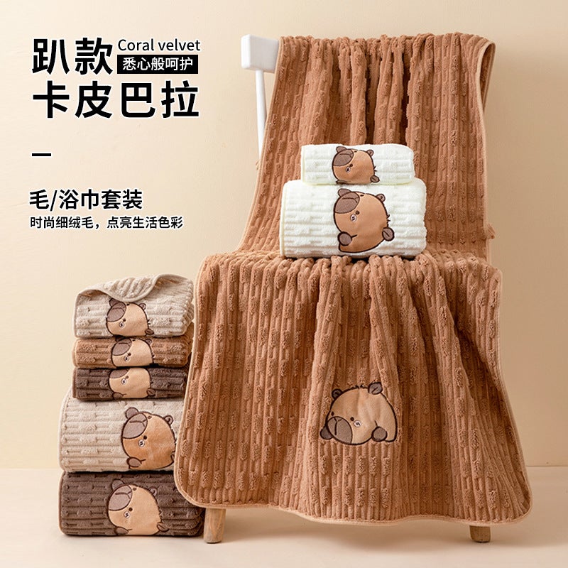 Towel Bath Towel Suit Two-Piece Set Carmi Bala Face Towel Household Cartoon Bath Coral Fleece Bath Towel - Image 3