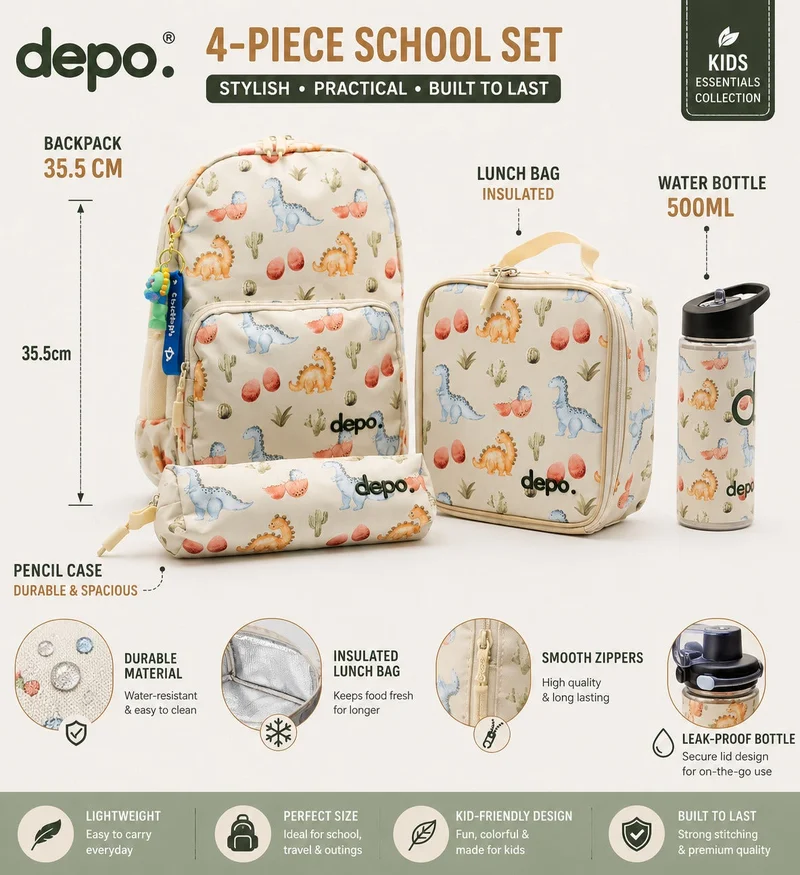Depo 4-Piece Kids School Bag Set – 35.5cm Backpack, Insulated Lunch Bag, Pencil Case & 500ml Leak-Proof Water Bottle | Lightweight, Water-Resistant, Durable School Backpack Set for Boys & Girls