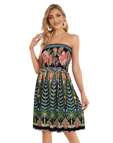 CHICGAL Women Strapless Dresses Casual Sundresses Tube Top Dress Beach Cover Up Hawaiian Bandeau Outfits(Boho Green Tree,L) - Image 2