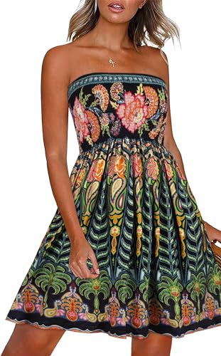 CHICGAL Women Strapless Dresses Casual Sundresses Tube Top Dress Beach Cover Up Hawaiian Bandeau Outfits(Boho Green Tree,L) - Image 1