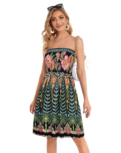 CHICGAL Women Strapless Dresses Casual Sundresses Tube Top Dress Beach Cover Up Hawaiian Bandeau Outfits(Boho Green Tree,L) - Image 3