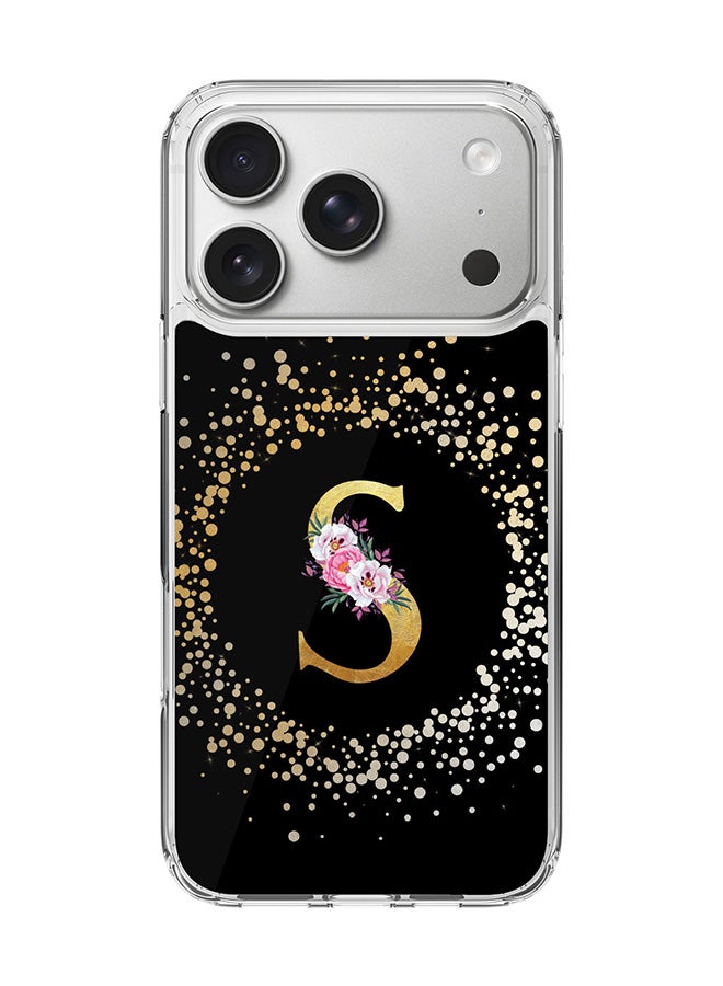Stylizedd Classic Clear MagSafe Case for iPhone 17 Pro , Hybrid Soft Case Flexible Edges Anti Drop TPU PC Gel Thin Transparent Cover [ Designed for iPhone 17 Pro ] - Custom Monogram Initial Letter Floral Pattern Alphabet - S ( Black )