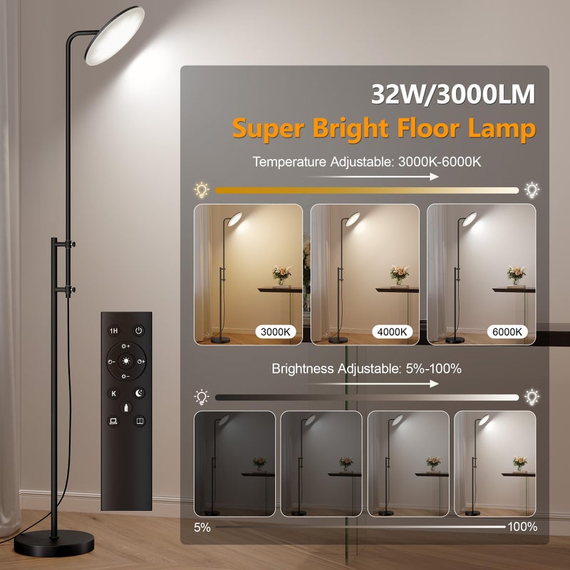SUNMORY 32W/3000LM Floor Lamps, Super Bright LED Standing Lamp with Remote Control, Adjustable Tall Lamp with 350Â°Rotating Head, Modern Dimmable Torchiere Corner Lamp for Living Room, Bedroom, Office - Image 2