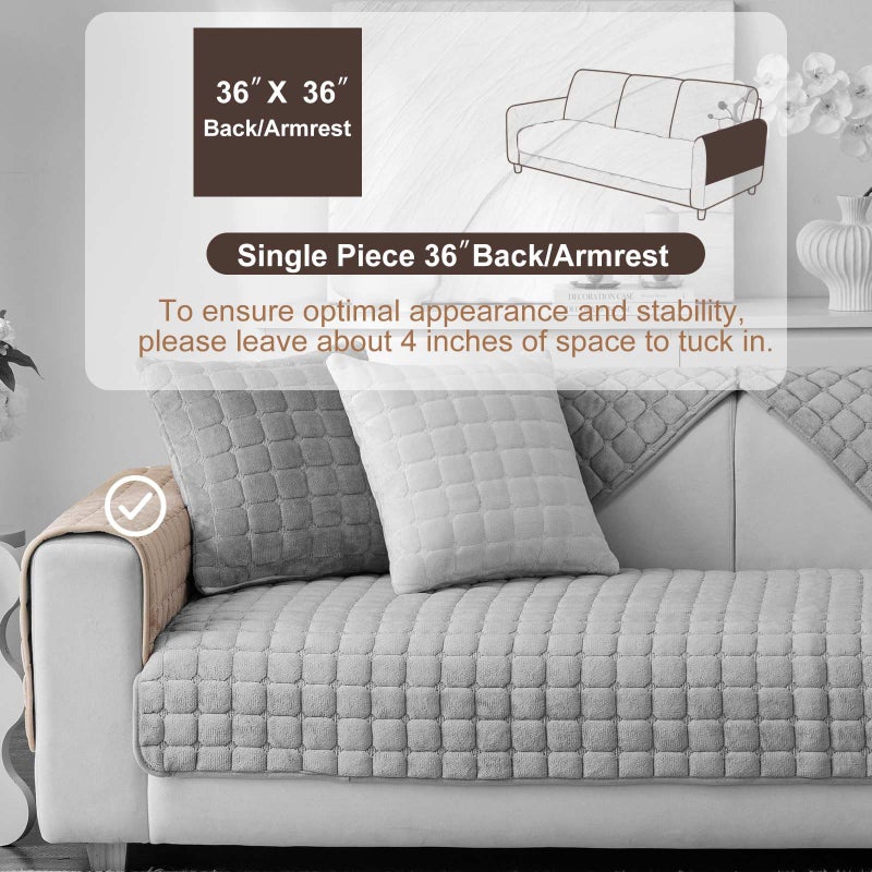 Aucrovee Velvet Washable Couch Cover for Pets Dogs, Non Slip Sectional Sofa Covers for 3 Cushion Couch Sofa L Sharped Sofa Arm Slipcover, Furniture Protector Covers(1 PCS 36"x36" Khaki) - Image 2