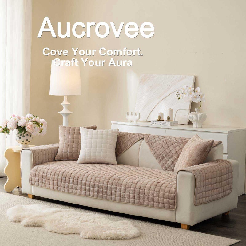 Aucrovee Velvet Washable Couch Cover for Pets Dogs, Non Slip Sectional Sofa Covers for 3 Cushion Couch Sofa L Sharped Sofa Arm Slipcover, Furniture Protector Covers(1 PCS 36"x36" Khaki) - Image 3
