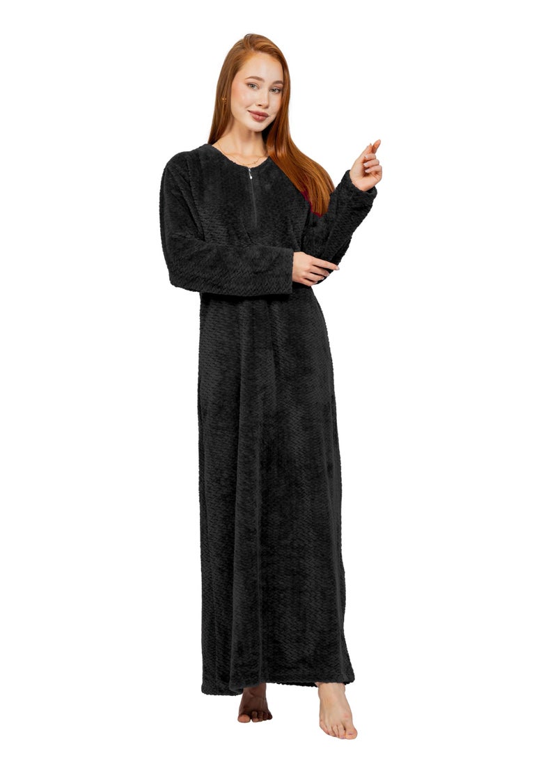 Dadoush Luxurious women's winter abaya made of soft fur, elegant long design - long-sleeved women's robe, winter women's abaya, maxi nightgown from Daadoush - Image 1