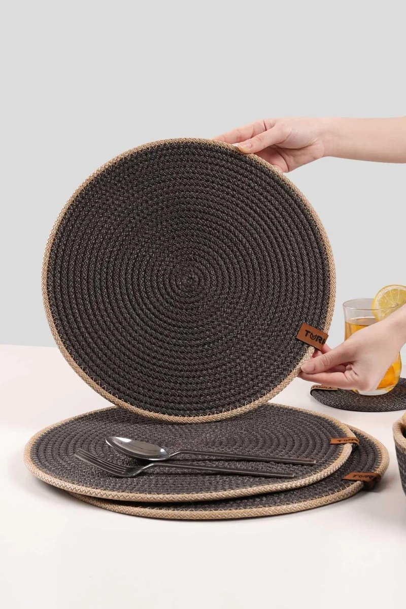 Pikas 4 Pieces Jute Service Plate / American Service Lux Presentation Plate Mat, Presentation Plate Dowry Set Knitted Plate Bottom Fireproof