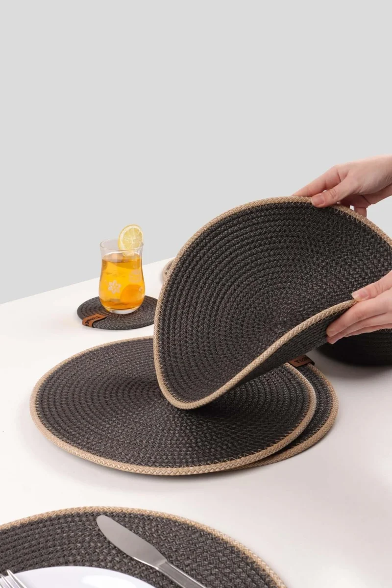 Pikas 4 Pieces Jute Service Plate / American Service Lux Presentation Plate Mat, Presentation Plate Dowry Set Knitted Plate Bottom Fireproof