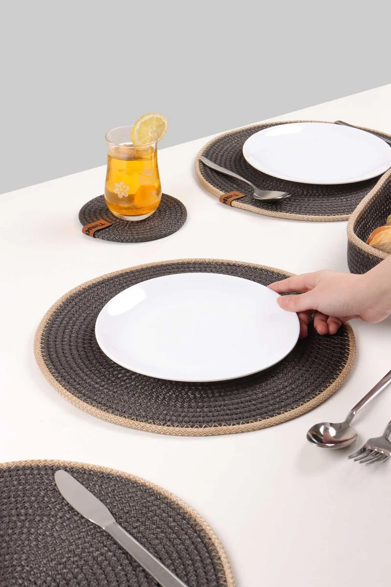 Pikas 4 Pieces Jute Service Plate / American Service Lux Presentation Plate Mat, Presentation Plate Dowry Set Knitted Plate Bottom Fireproof