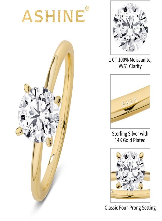 ASHINE 925 Sterling Silver with 14K Gold Plated Round Solitare 1 CT Moissanite Engagement Rings for Women - Moissanite Wedding Ring for Women - Stone Promise Rings(Gold-7) - Image 4