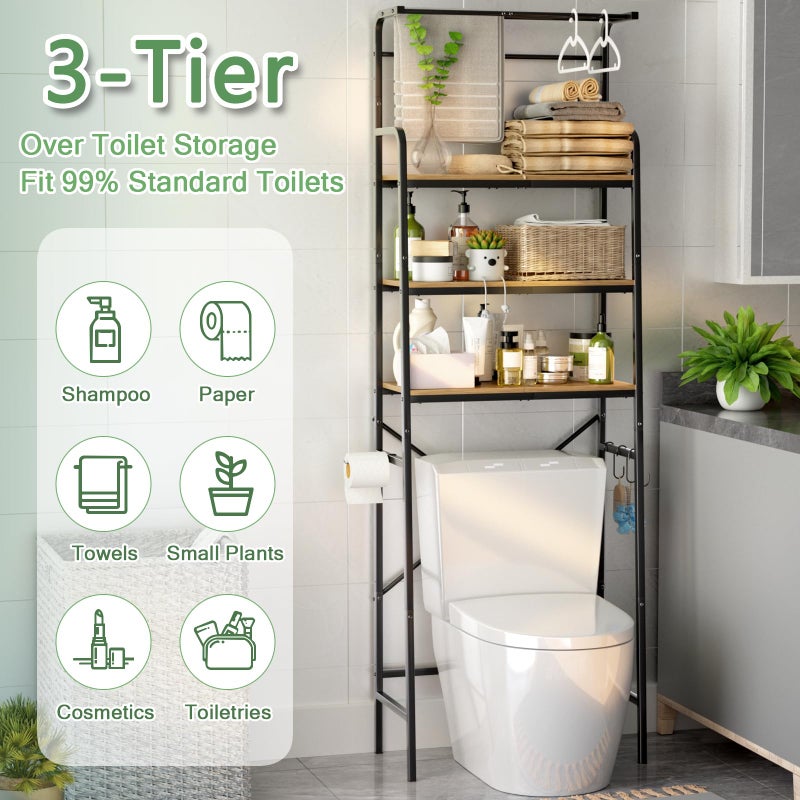 REFGY Over-The-Toilet Storage Rack, 3-Tier Bathroom Organizer Shelf with Hanging Bar, Industrial Metal Frame with Rustic Wood Shelves, Space-Saving Storage Solution for Laundry Room and Bathroom - Image 5